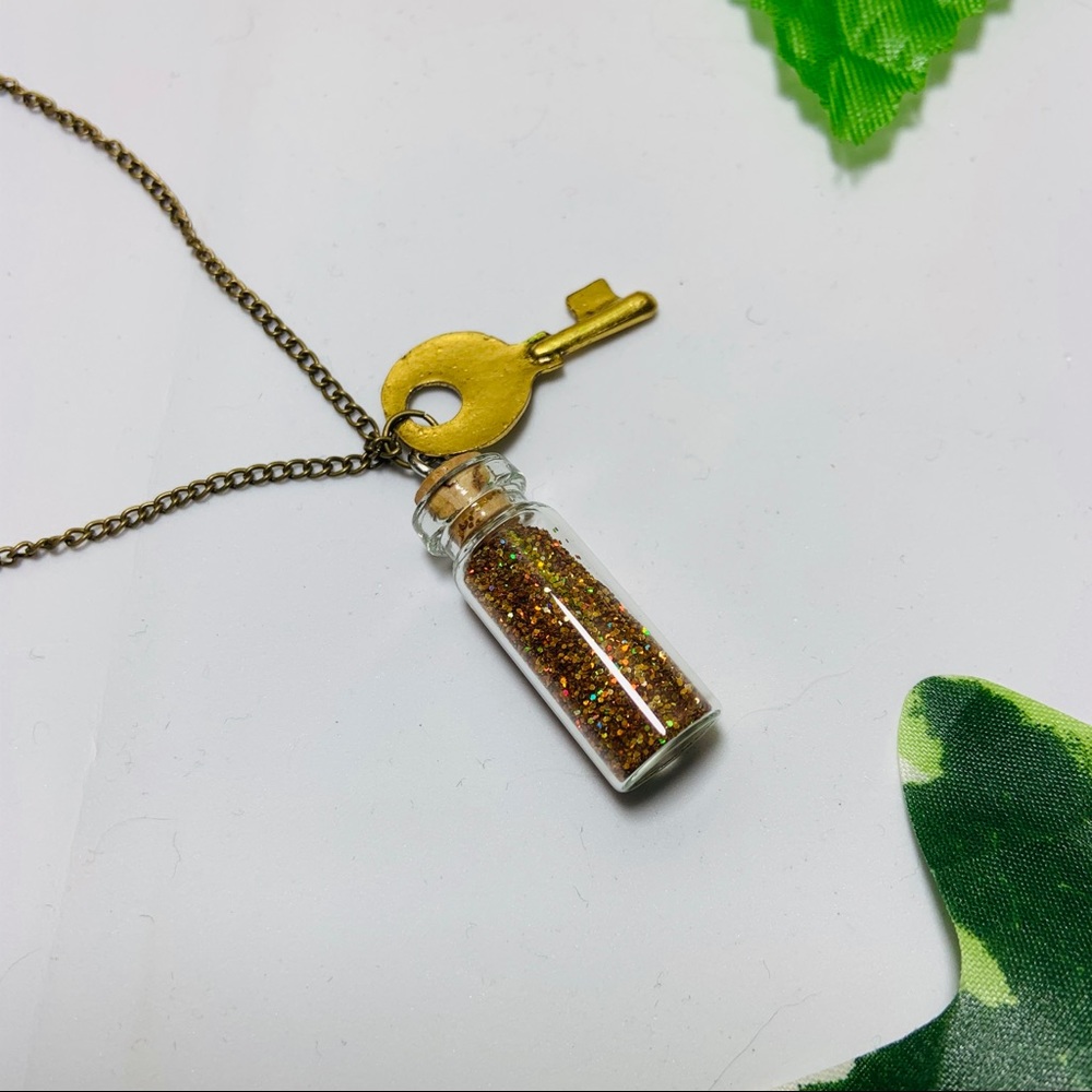 Gold Glitter Fairy Jar Key Necklace New